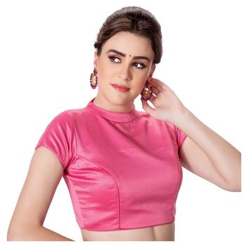 Pink Desginer High Neck Dupion Silk Short Sleeves Princess Cut Padded Back Open Full Zipper Readymade Saree Blouse 2