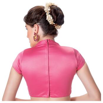 Pink Desginer High Neck Dupion Silk Short Sleeves Princess Cut Padded Back Open Full Zipper Readymade Saree Blouse 3