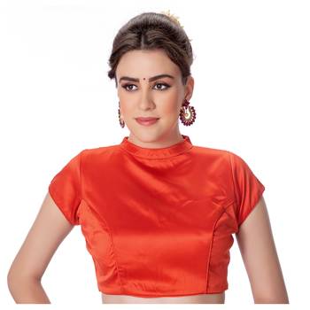 Rust Desginer High Neck Dupion Silk Short Sleeves Princess Cut Padded Back Open Full Zipper Readymade Saree Blouse 1