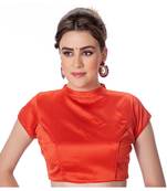 Rust Desginer High Neck Dupion Silk Short Sleeves Princess Cut Padded Back Open Full Zipper Readymade Saree Blouse