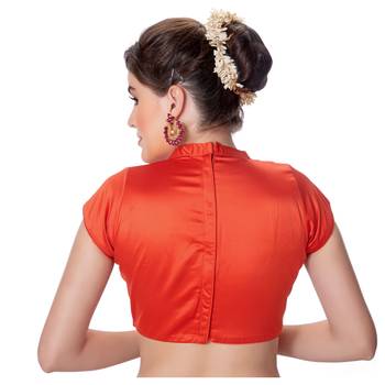 Rust Desginer High Neck Dupion Silk Short Sleeves Princess Cut Padded Back Open Full Zipper Readymade Saree Blouse 3