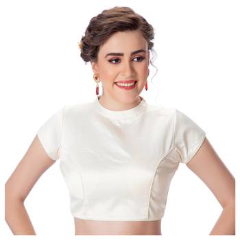 White Desginer High Neck Dupion Silk Short Sleeves Princess Cut Padded Back Open Full Zipper Readymade Saree Blouse 1
