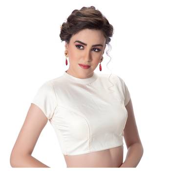 White Desginer High Neck Dupion Silk Short Sleeves Princess Cut Padded Back Open Full Zipper Readymade Saree Blouse 2