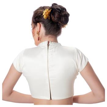 White Desginer High Neck Dupion Silk Short Sleeves Princess Cut Padded Back Open Full Zipper Readymade Saree Blouse 3