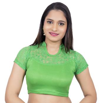 Green Lycra Stretchable Stand Coller Short Net Sleeves blouse 1