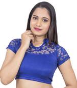 blue Lycra Stretchable Stand Coller Short Net Sleeves blouse
