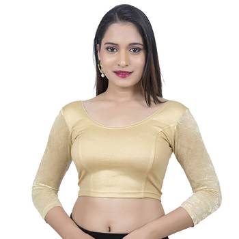 Gold 3/4Th Net Sleeves Lycra Princess Cut Stretchable blouse 1