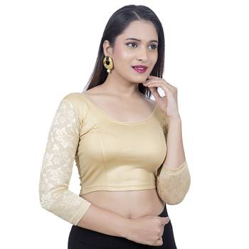 Gold 3/4Th Net Sleeves Lycra Princess Cut Stretchable blouse 2