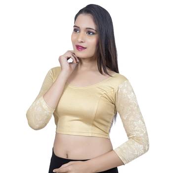 Gold 3/4Th Net Sleeves Lycra Princess Cut Stretchable blouse 3