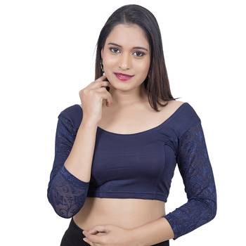 Navy blue 3/4Th Net Sleeves Lycra Princess Cut Stretchable blouse 1