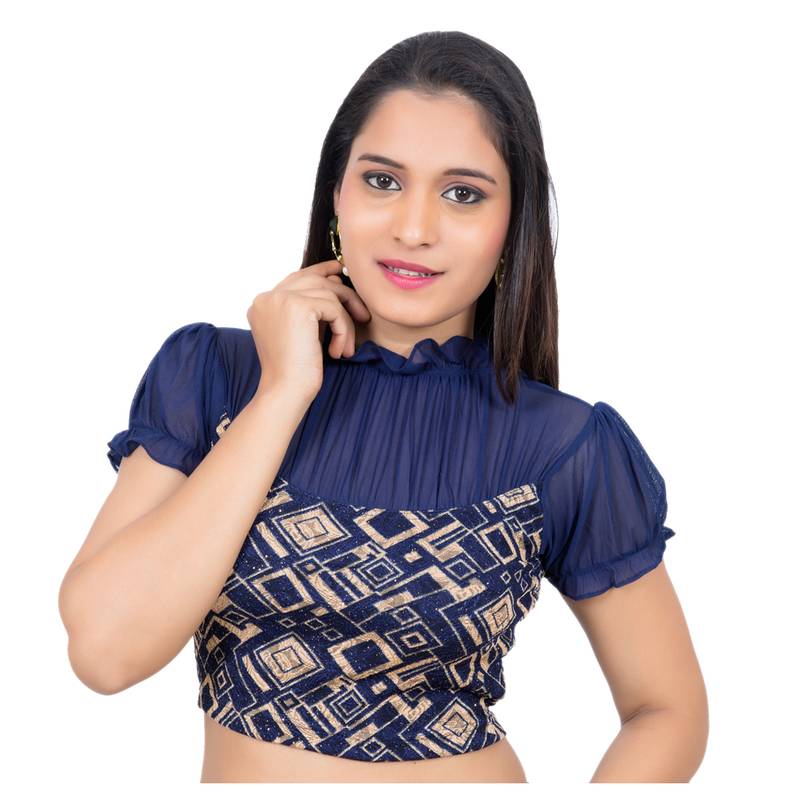 Navy Polo Neck Printed Lycra Puff Net Sleeves Stretchable blouse