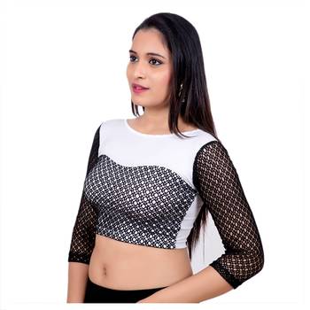 White Shimmer Black 3/4Th Net Sleeves Lycra Stretchable blouse 3