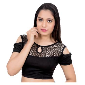 Lycra Black Cold Shoulder Short Sleeves Stretchable Princess Cut blouse 1