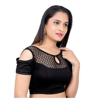 Lycra Black Cold Shoulder Short Sleeves Stretchable Princess Cut blouse 2
