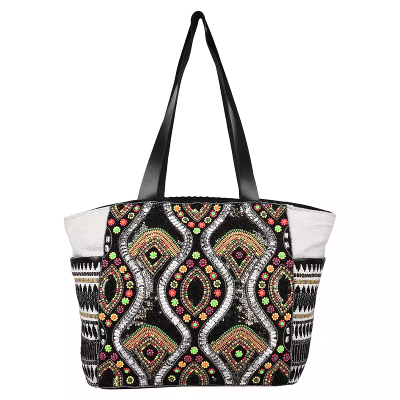 Nava Black Jacquard Tote Bag