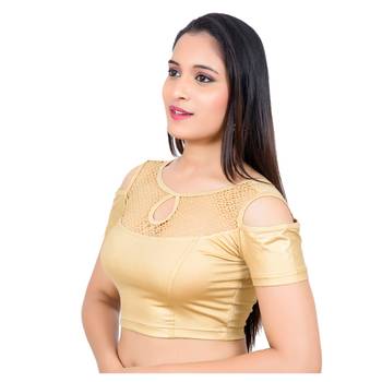 Lycra Gold Cold Shoulder Short Sleeves Stretchable Princess Cut blouse 3