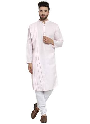 Designer Pink Linen Kurta With Churidar Pyjama For Men By Treemoda 1