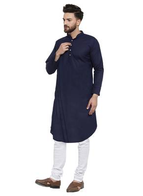 Designer Navy Blue Linen Kurta Pajama 5