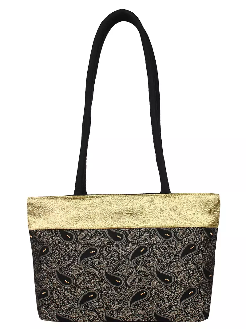 Ambi Black & Beige Art Silk Jacquard Shoulder Bag