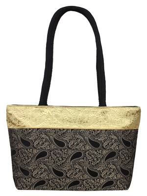 Ambi Black & Beige Art Silk Jacquard Shoulder Bag 3