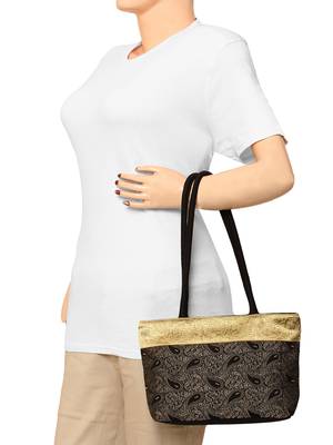 Ambi Black & Beige Art Silk Jacquard Shoulder Bag 6
