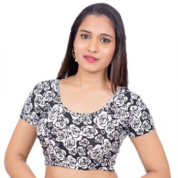 Lycra Black White Rose Printed Short Sleeves Stretchable Readymade Saree Blouse 1