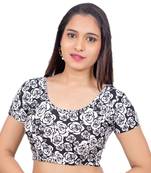 Lycra Black White Rose Printed Short Sleeves Stretchable Readymade Saree Blouse