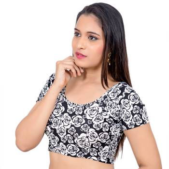 Lycra Black White Rose Printed Short Sleeves Stretchable Readymade Saree Blouse 3