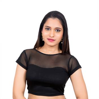 Black Lycra High Neck Short Net Sleeves Stretchable Readymade Saree Blouse 1
