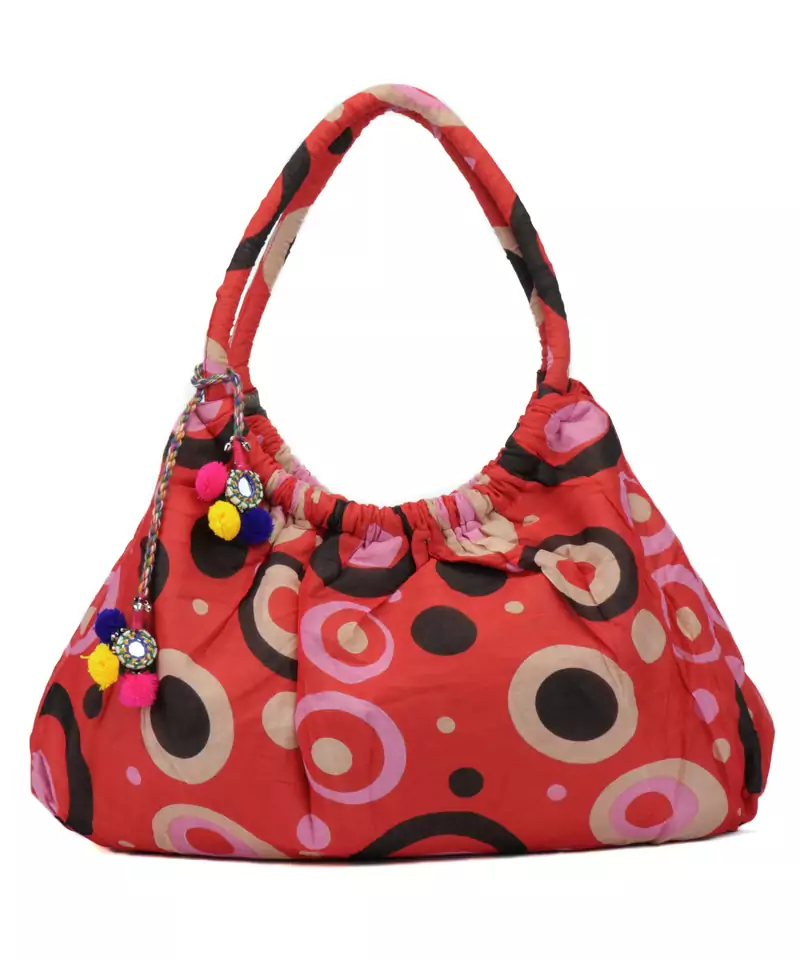 Dot Red Printed tassel Cotton Hand Bag