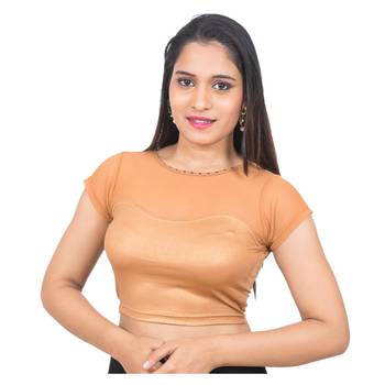 Copper Lycra High Neck Short Net Sleeves Stretchable Readymade Saree Blouse 1