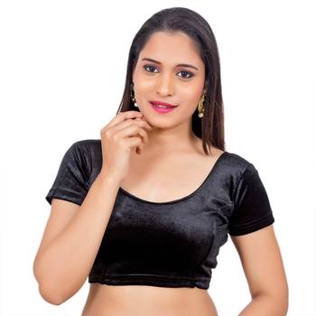 Velvet Black Short Sleeves Stretchable Readymade Saree Blouse 1