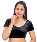 Velvet Black Short Sleeves Stretchable Readymade Saree Blouse