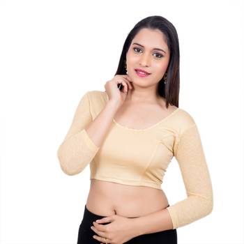 Gold 3/4 Net Sleeves Lycra Princess Cut Stretchable blouse 1