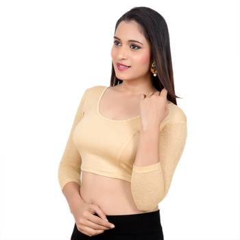 Gold 3/4 Net Sleeves Lycra Princess Cut Stretchable blouse 3