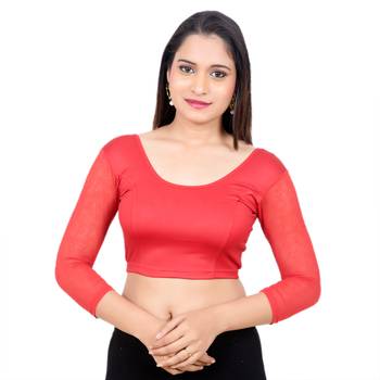 Red 3/4 Net Sleeves Lycra Princess Cut Stretchable blouse 1