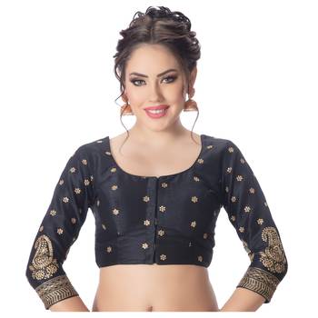 Dupion Silk Black Embroidered 3/4 Sleeves Princess Cut Padded blouse 1