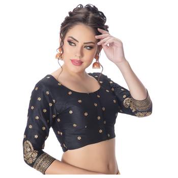 Dupion Silk Black Embroidered 3/4 Sleeves Princess Cut Padded blouse 2