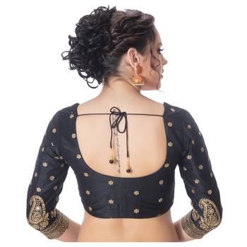 Dupion Silk Black Embroidered 3/4 Sleeves Princess Cut Padded blouse 3