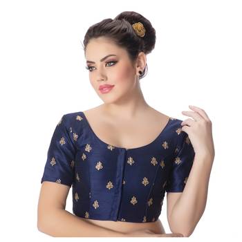 Navy Blue Dupion Silk Embroidered Elbow Sleeves Princess Cut Padded blouse 1