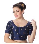 Navy Blue Dupion Silk Embroidered Elbow Sleeves Princess Cut Padded blouse