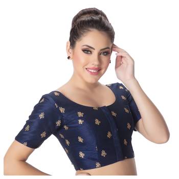 Navy Blue Dupion Silk Embroidered Elbow Sleeves Princess Cut Padded blouse 2