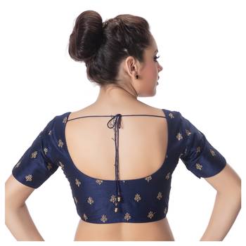 Navy Blue Dupion Silk Embroidered Elbow Sleeves Princess Cut Padded blouse 3