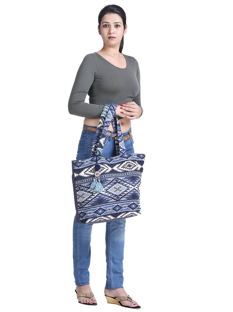 Nava Jacquard Blue Tote Bag