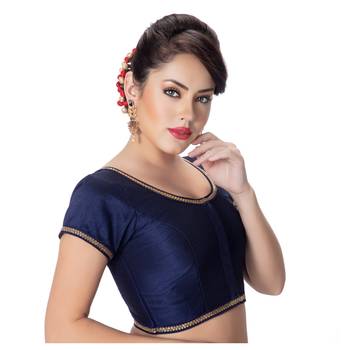 Navy blue Dupion Silk Princess Cut Padded Short Sleeves blouse 2