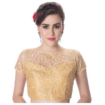 Gold High Neck Dupion Silk Full Net Princess Cut Padded Short Sleeves Back Open blouse 1