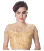 Gold High Neck Dupion Silk Full Net Princess Cut Padded Short Sleeves Back Open blouse