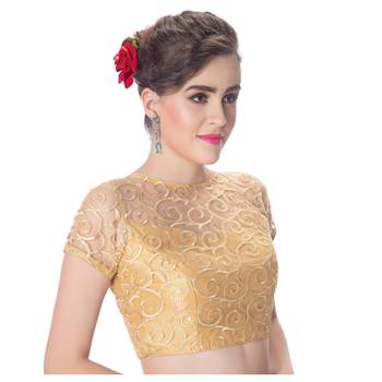 Gold High Neck Dupion Silk Full Net Princess Cut Padded Short Sleeves Back Open blouse 2