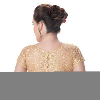 Gold High Neck Dupion Silk Full Net Princess Cut Padded Short Sleeves Back Open blouse 3