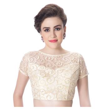 Bright Gold High Neck Full Net Padded Short Sleeves Back Open Readymade Saree Blouse 1